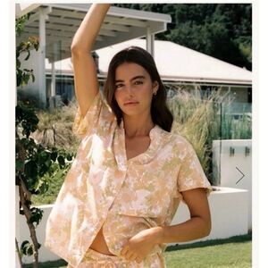 PIYAMA Pj Top Retro Floral Womens Size M V-Neck Button Down Orange Green